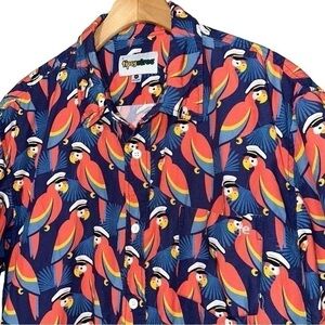 Tipsy Elves Men’s Size XL Blue Red Parrot Polly Wanna Captain Hawaiian Shirt